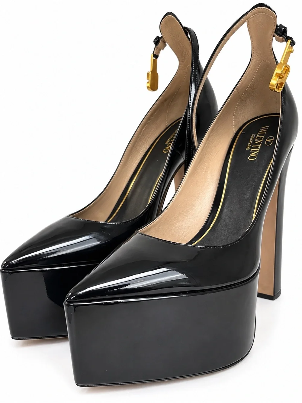 Valentino Black Patent Platform Pumps with Gold Logo Strap